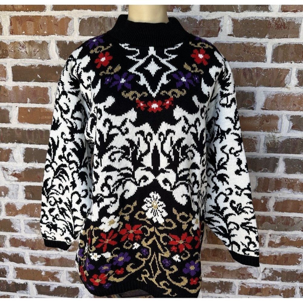 VTG 1980s Trimmings Sweater Women's Small Floral Multi Mock Neck Oversized EUC - Picture 3 of 12